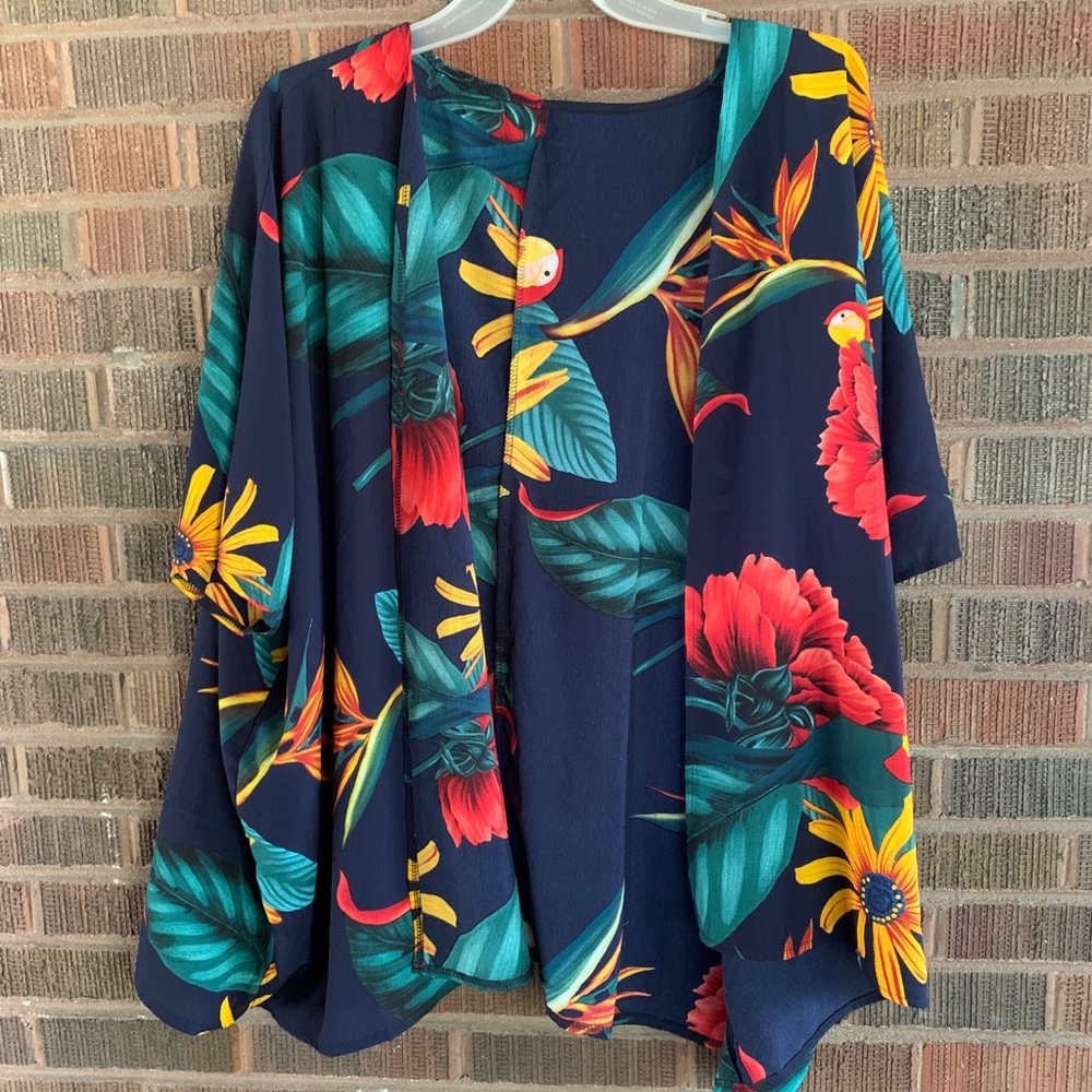 Navy Tropical Floral Open-Front Kimono